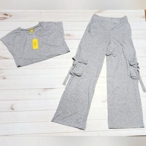 Daisy Brushed Knit Two Piece Set Crop Top and Cargo Pants in Heathered Grey NWT